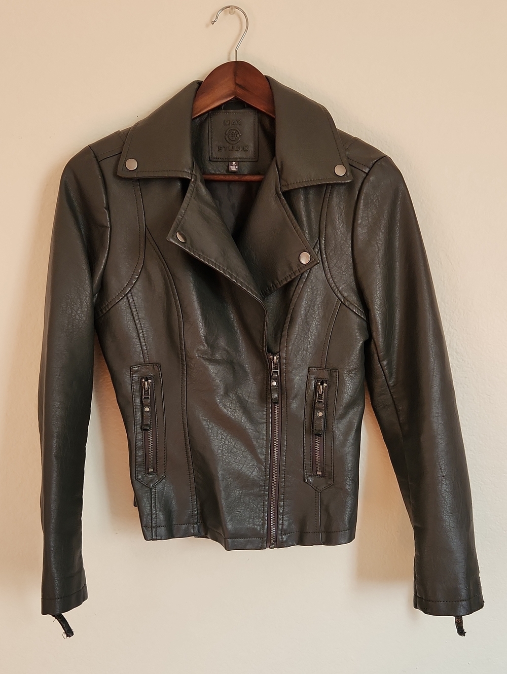Asymmetrical Max Studio Dark Grey Faux Leather Moto Jacket